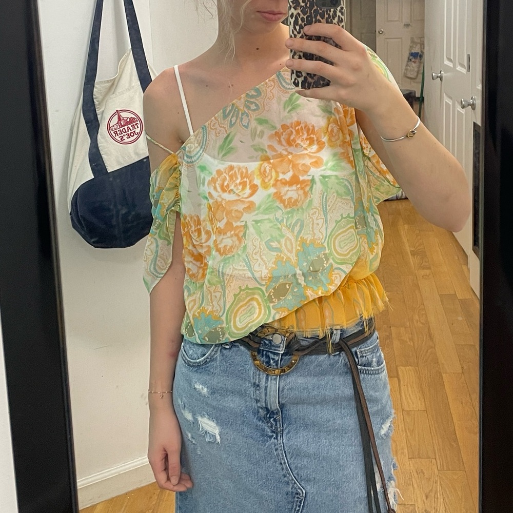 Free People Orange Green Boho Pattern Sheer Tunic Swim Beach Cover Up